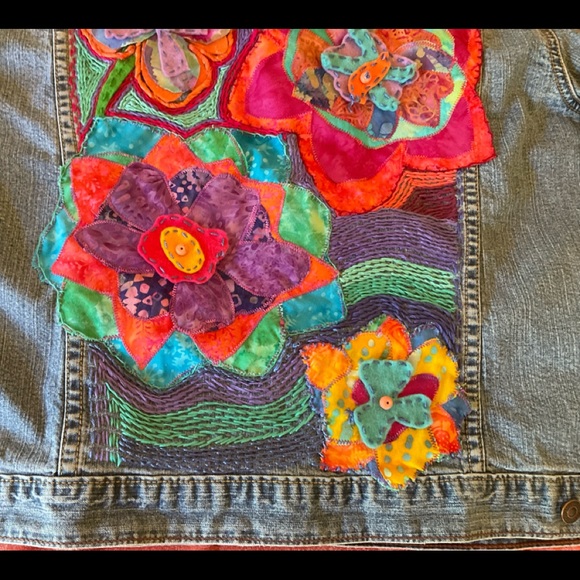Whimsical HAND DESIGNED LEVI upcycled Jean jacket. Boho unique colorful! - Picture 2 of 11